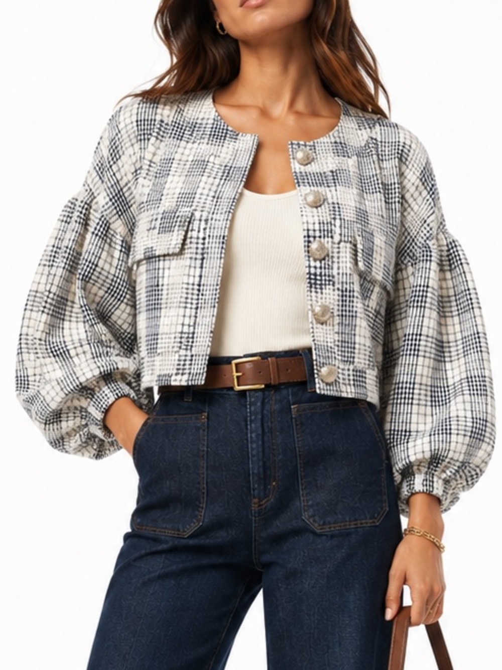 Goldie Lew NEW Blue & White Metallic Thread Plaid Cropped Button Down Blazer LG